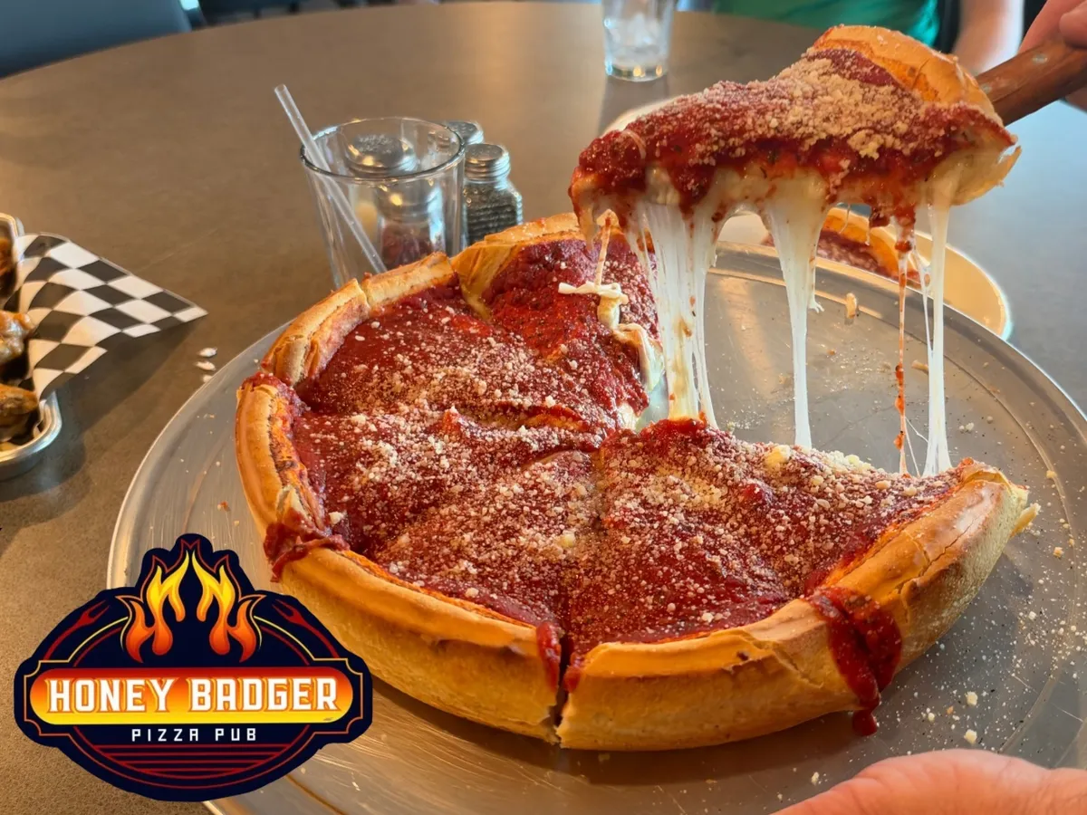 Stuffed pizza pie with a long cheese pull